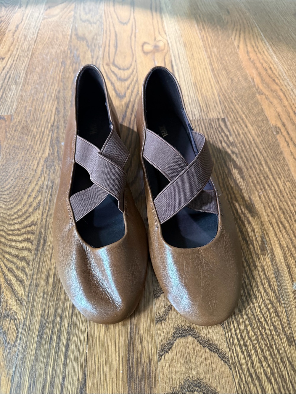 Zara Brown Leather Ballet Flats with Crisscross Elastic Straps